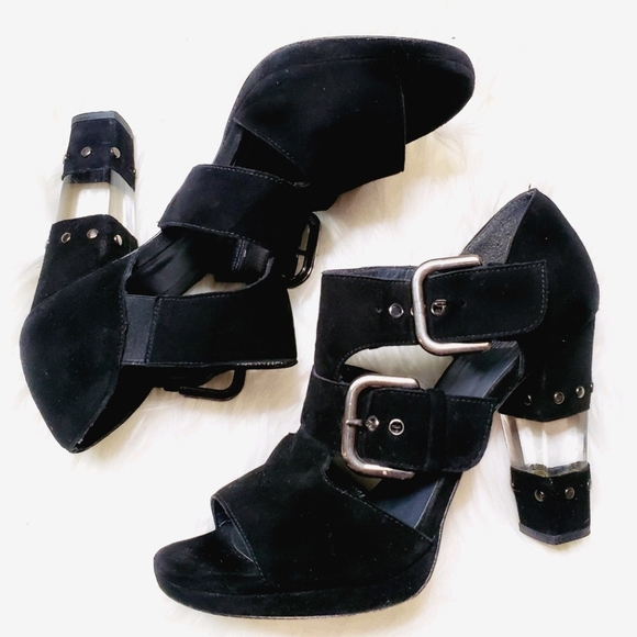Stuart Weitzman | Black Suede Clear Open Toe Heels - Picture 2 of 8